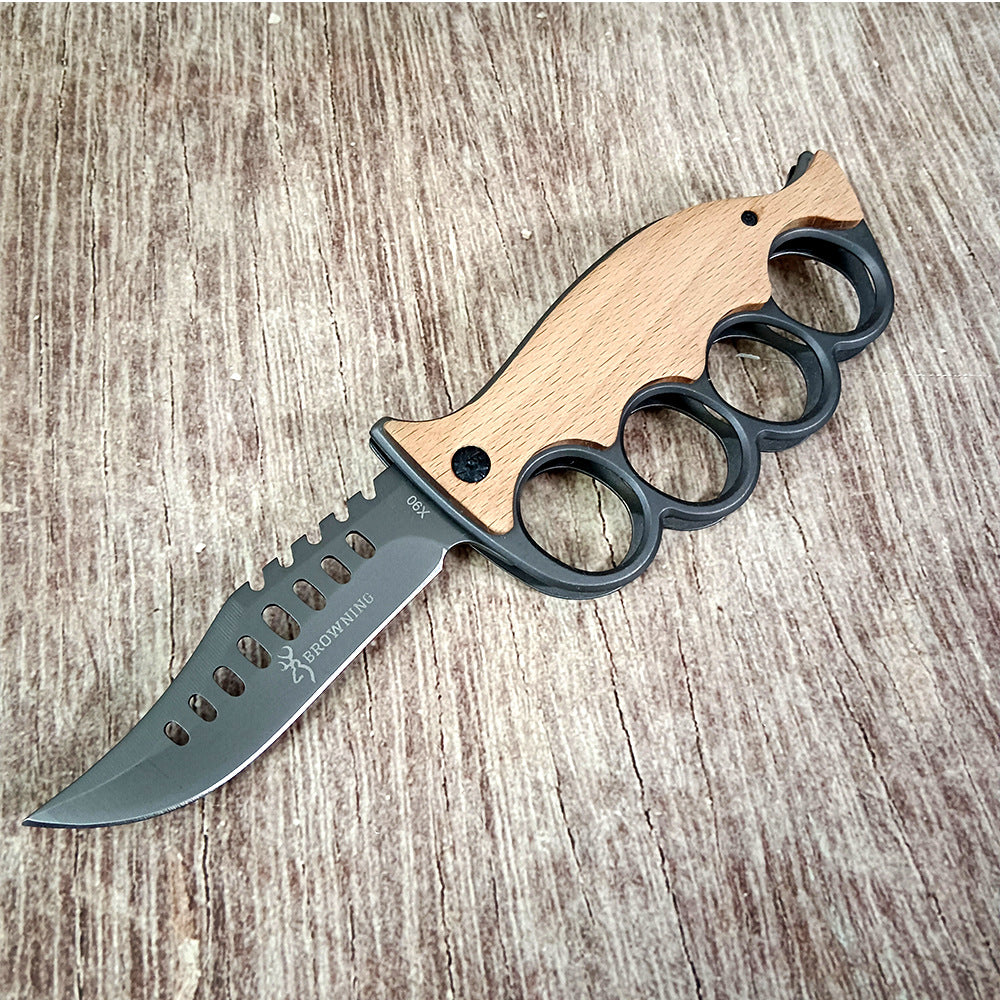 Outdoor survival knife, four-finger knuckle duster ring, high-hardness sharp stainless steel cutter, solid wood handle, sharp